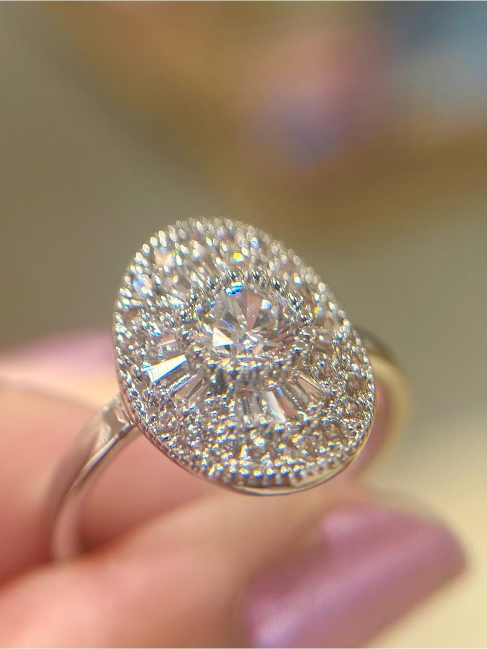 New Art Deco Halo Silver Tone Sunburst Oval CZ halo Statement Ring 7
